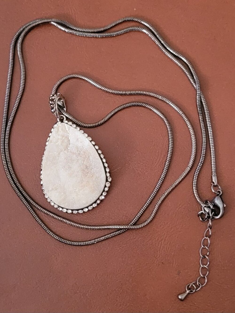 Snow Quartz and Rhinestone Teardrop Necklace